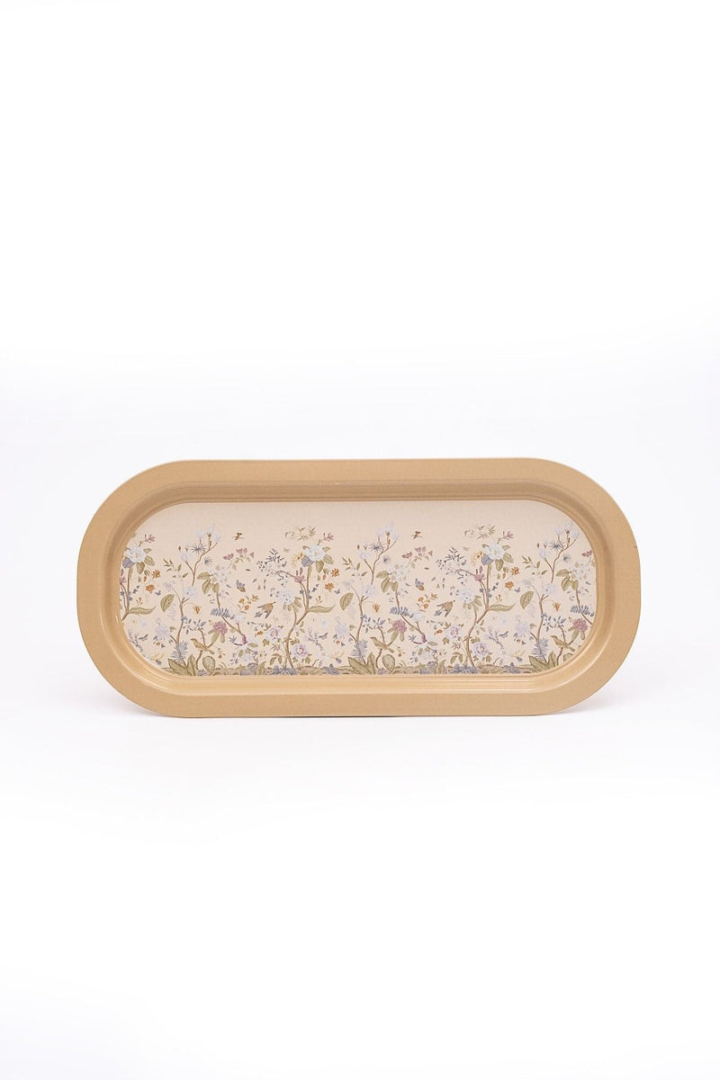 Bej bordürlü uzun oval şekilli floral desenli dekoratif tepsi