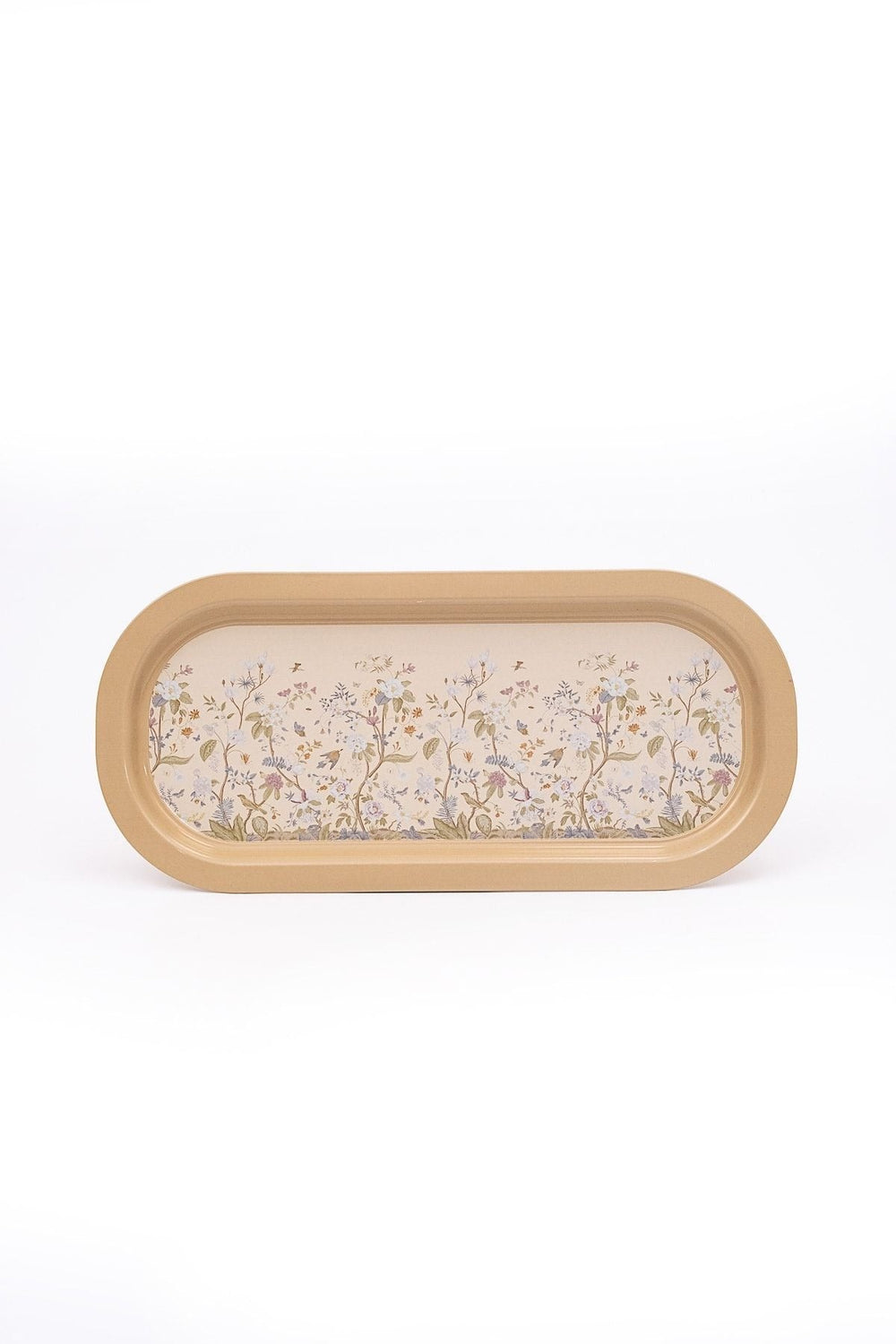 Bej bordürlü uzun oval şekilli floral desenli dekoratif tepsi