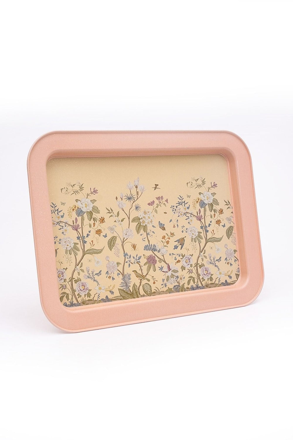Pastel pembe kenarlı, çiçek desenli dekoratif servis tepsisi