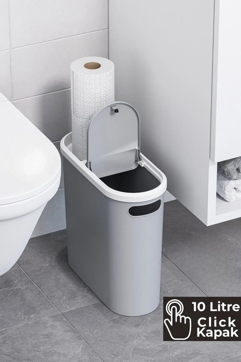 10 Litre Click Kapak Çöp Kovası, Banyo Çöp Kovası, Mutfak Çöp Kovası, Slim Çöp Kovası "Gri"