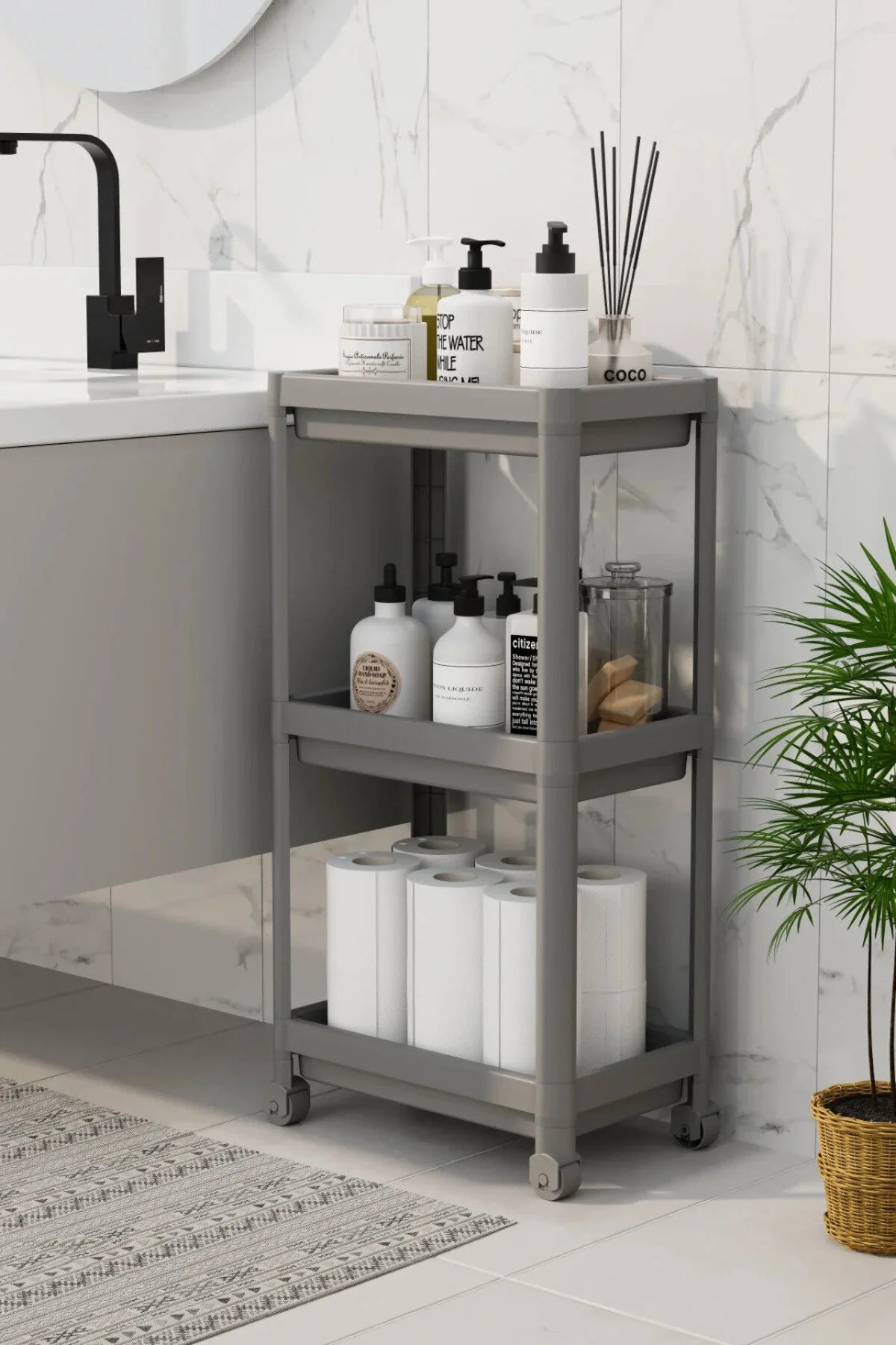 3 Katlı Banyo Raf Ünitesi (PEGGY) Beyaz Banyo Düzenleyici Şampuanlık Havluluk Dolap ( Gri )