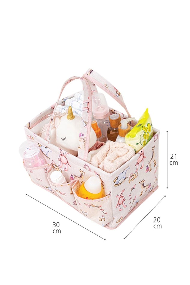 Pembe desenli bebek bakım çantası oyuncak ve bakım ürünleriyle dolu, 30x20x21 cm ölçülerinde