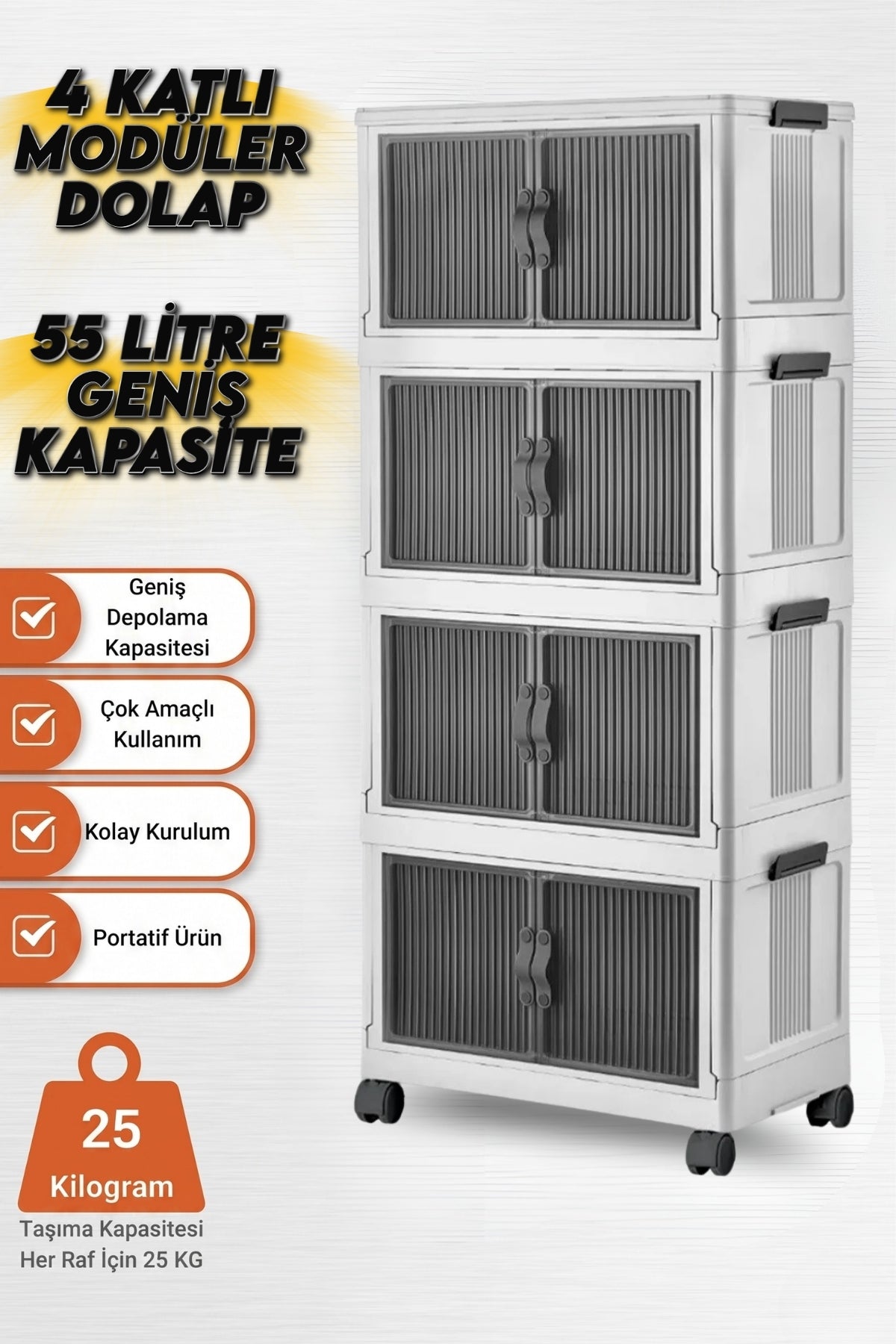 4 Katlı Modüler Dolap, 55 Litre, 360° Tekerlekli, Çok Amaçlı Saklama Ünitesi, Banyo ve Mutfak Dolabı