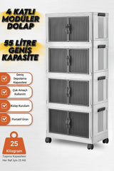 4 Katlı Modüler Dolap, 55 Litre, 360° Tekerlekli, Çok Amaçlı Saklama Ünitesi, Banyo ve Mutfak Dolabı