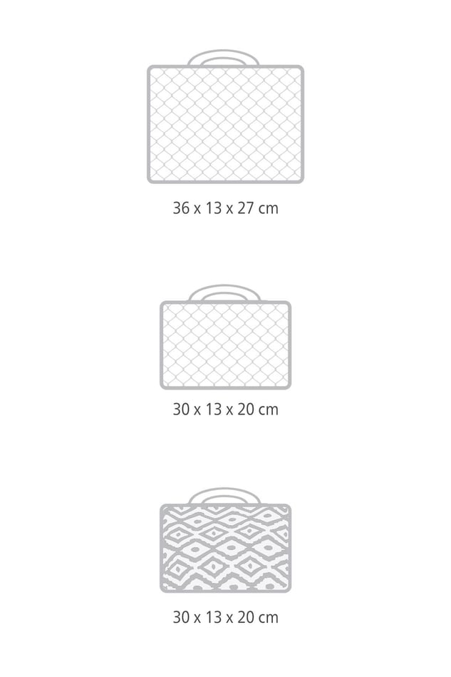 Üç çeşitli boyutta seyahat çantası çizimi, ölçüler 36x13x27 cm ve 30x13x20 cm, bohem desenli valiz