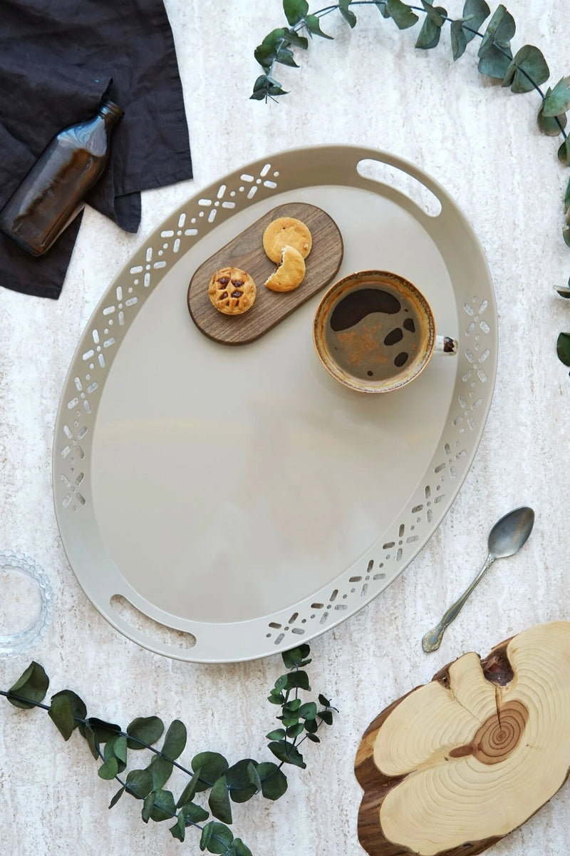 Oval Metal Servis ve Sunum Tepsisi, Büyük Tepsi, Çay Kahve Tepsisi "Cappucino"