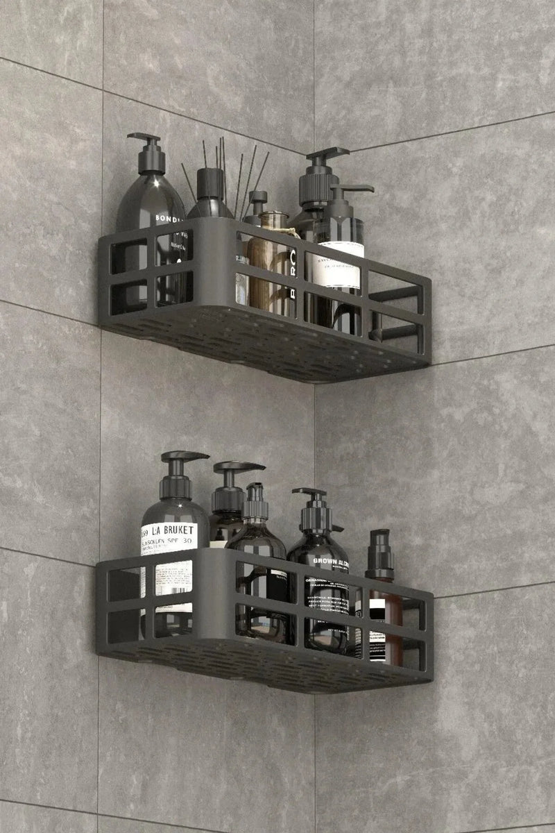 2'li Set Banyo Duş Rafı Şampuanlık, Sabunluk Siyah Yapışkanlı Duş Organizer Suya Dayanıklı Plastik