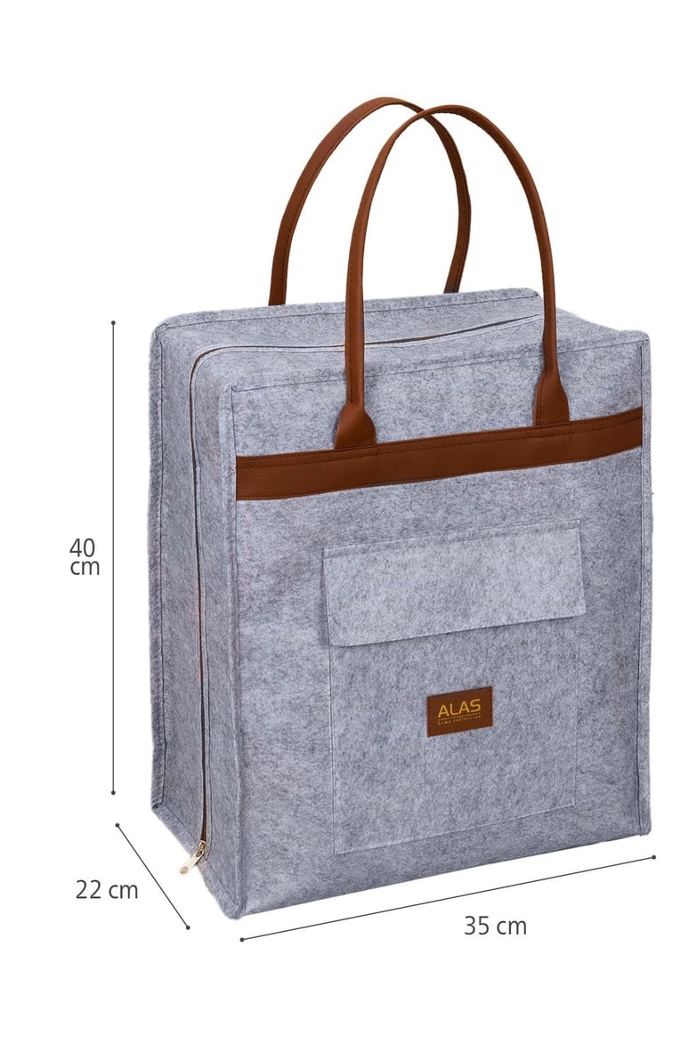 Gri keçe ve kahverengi deri kulplu seyahat çantası, ölçüleri 40x35x22 cm, ön cepli