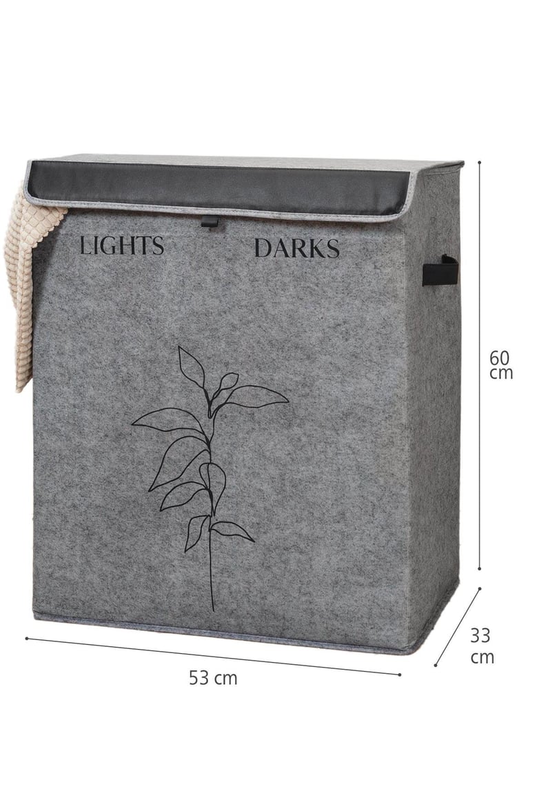 Gri keçe çift bölmeli kirli çamaşır sepeti, lights ve darks etiketli, bitki desenli
