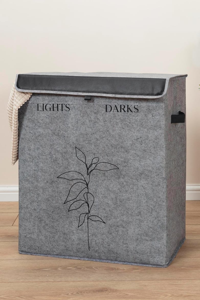 Gri renkli, ışıklar ve koyu giysiler için iki bölmeli, yaprak desenli kumaş çamaşır sepeti