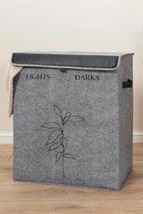 Gri renkli, ışıklar ve koyu giysiler için iki bölmeli, yaprak desenli kumaş çamaşır sepeti