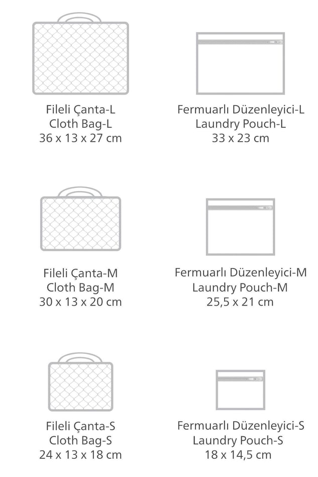 Farklı boylarda fileli çanta ve fermuarlı düzenleyici poşet ölçüleri, seyahat aksesuarları