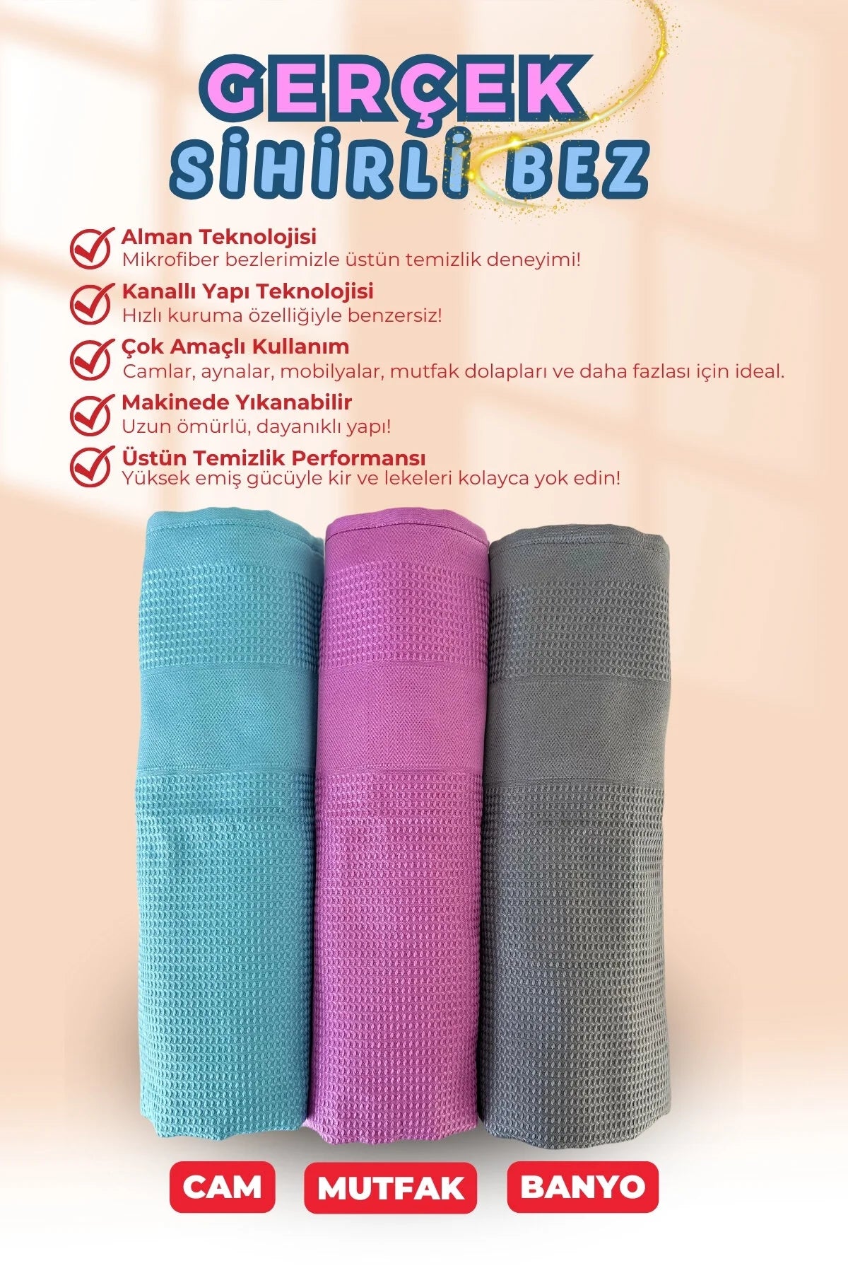 Kanz Sihirli Bez, 3'lü Mikrofiber Temizlik Bezi 40 X 60 Cm