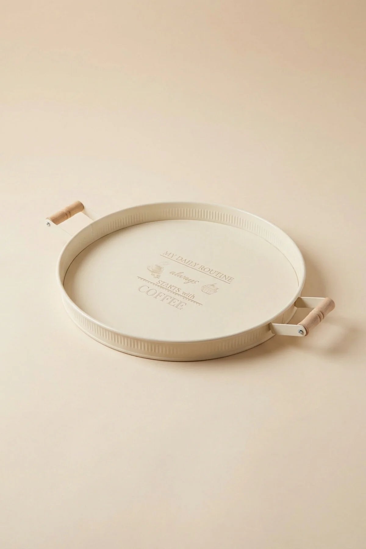 Ahşap Kulplu Yuvarlak Metal Servis Tepsisi 37 cm, "Krem"