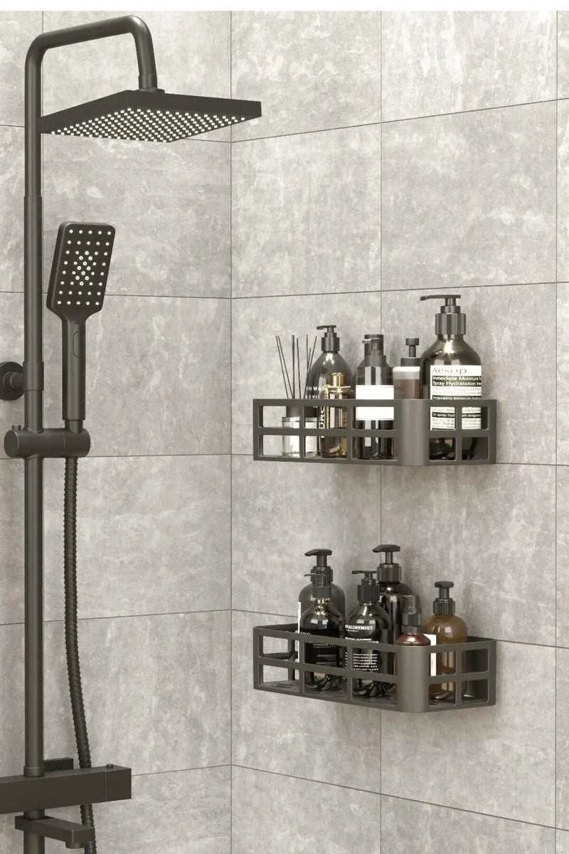 2'li Set Banyo Duş Rafı Şampuanlık, Sabunluk Siyah Yapışkanlı Duş Organizer Suya Dayanıklı Plastik