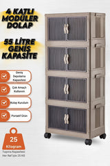 4 Katlı Modüler Dolap, 55 Litre, 360° Tekerlekli, Çok Amaçlı Saklama Ünitesi, Banyo ve Mutfak Dolabı