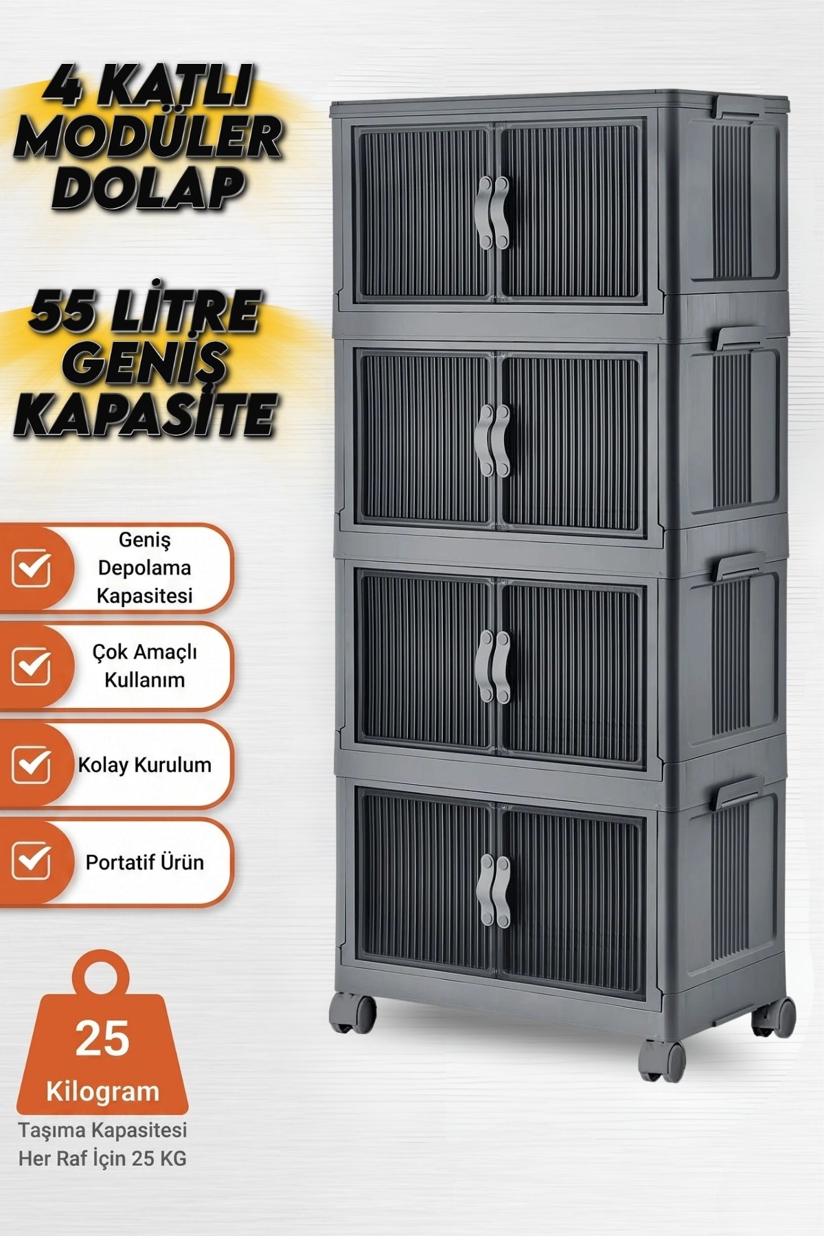 4 Katlı Modüler Dolap, 55 Litre, 360° Tekerlekli, Çok Amaçlı Saklama Ünitesi, Banyo ve Mutfak Dolabı