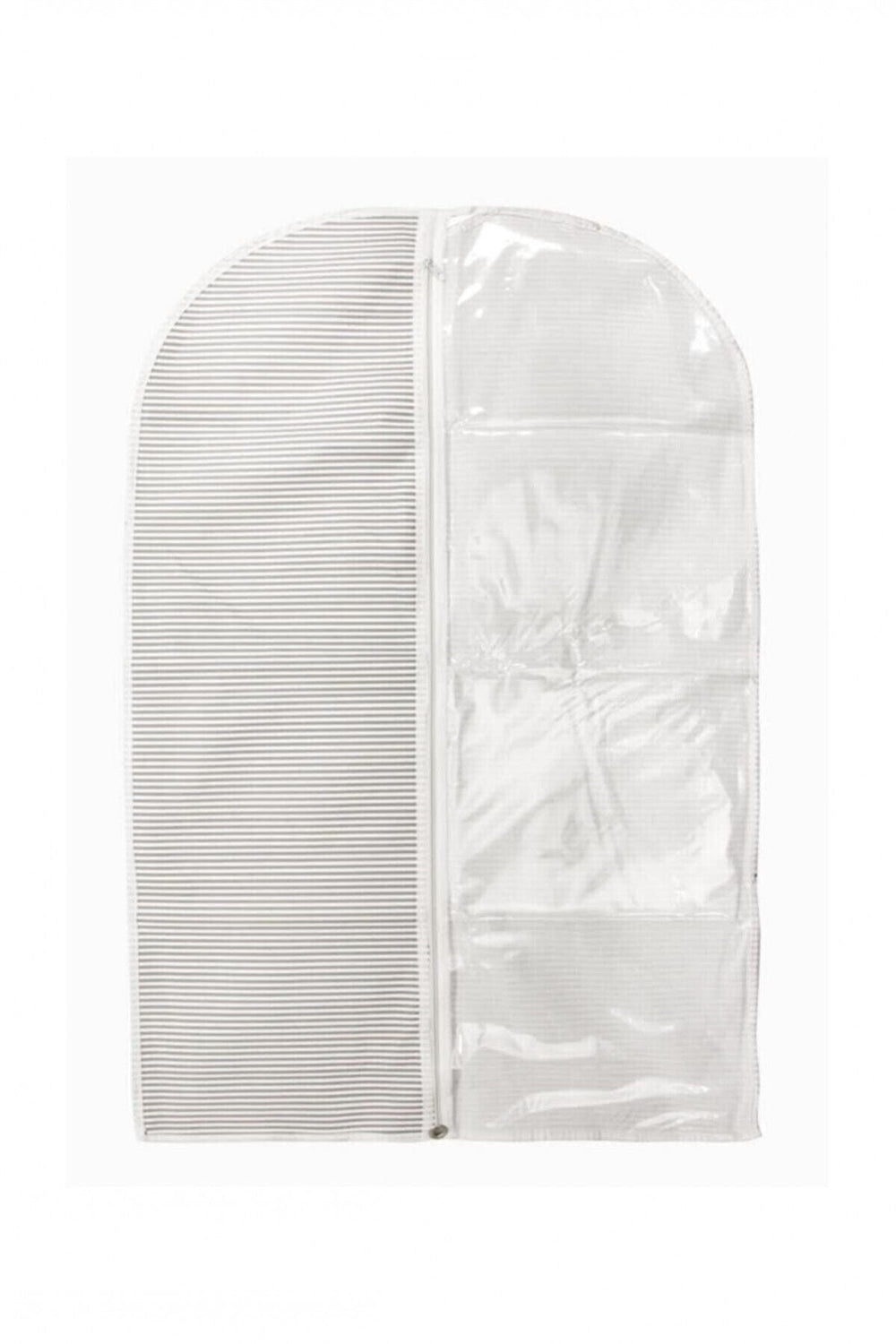 Şeffaf cep kısmı ve çizgili kumaş kaplamalı beyaz düzenleyici torba