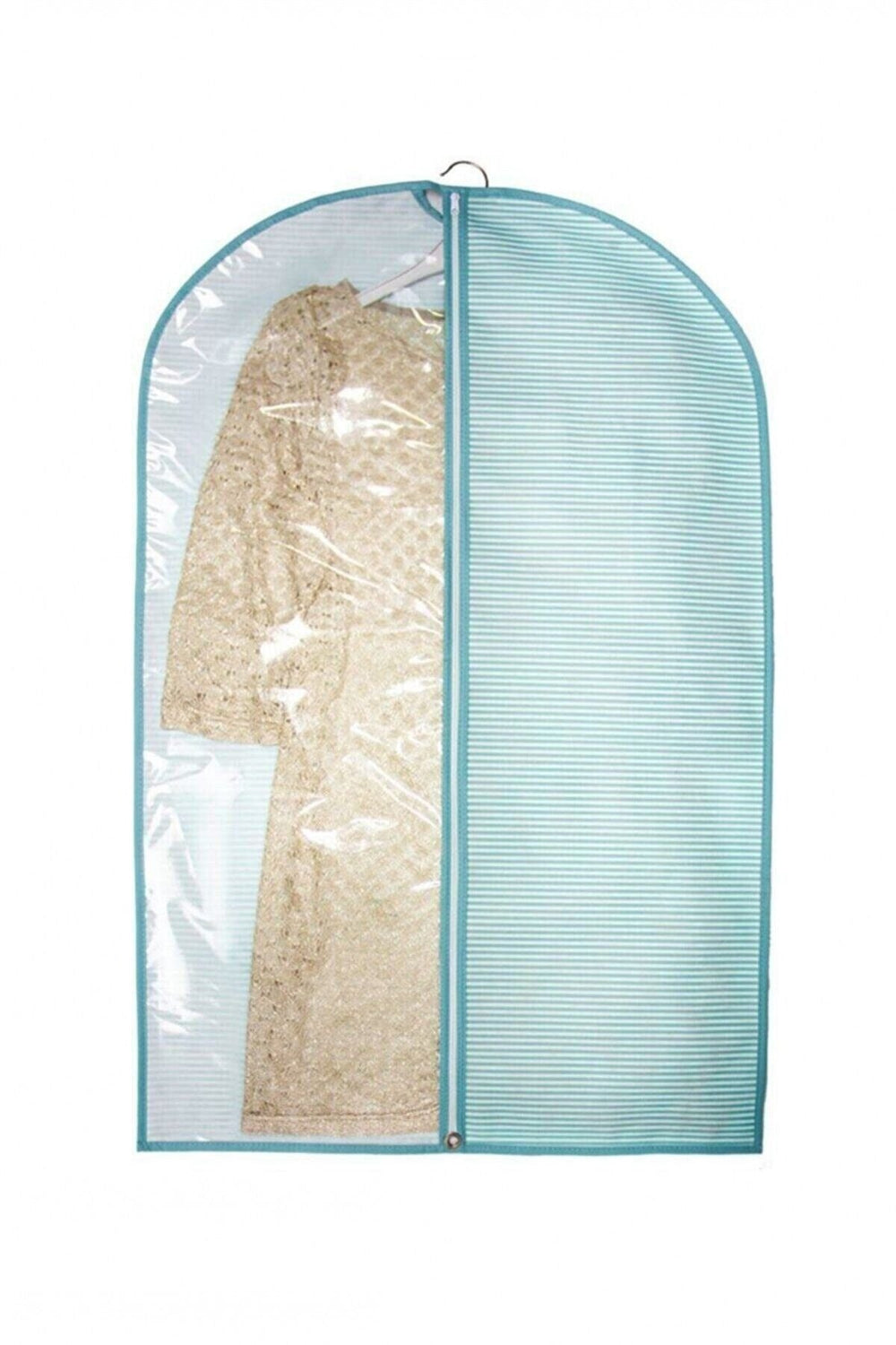 Mavi kenarlı şeffaf elbise kılıfında askıda krem rengi elbise