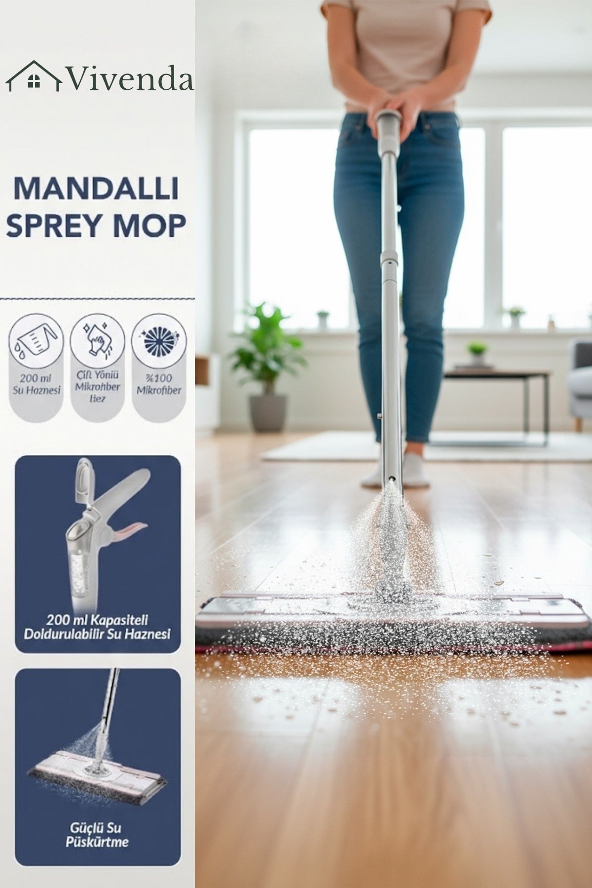 Mandallı Sprey Mop 360° Döner Başlıklı Su Hazneli Püskürtmeli Paspas