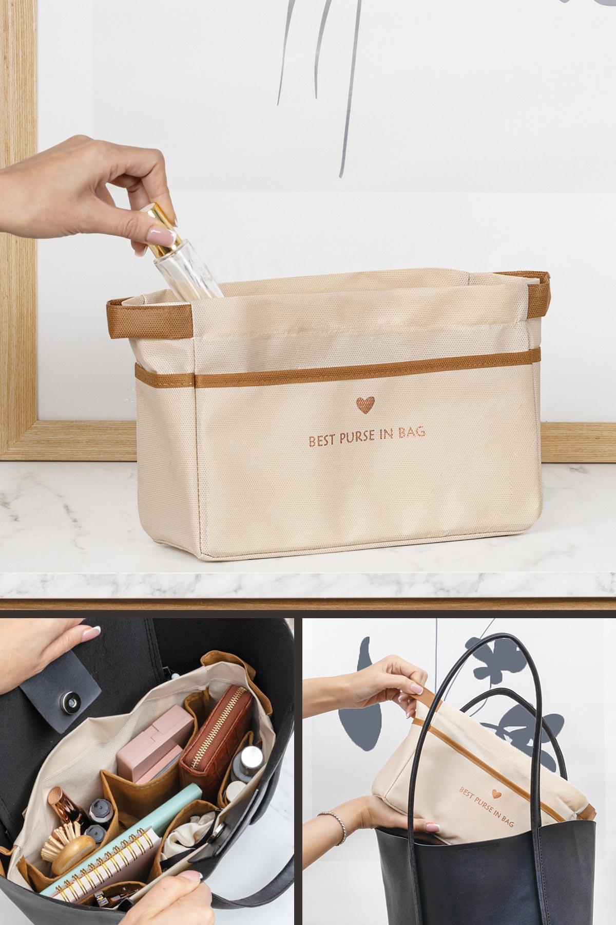 Bej renkli çanta düzenleyici, kozmetik ve günlük ürünler için çoklu bölmeli iç çanta organizeri