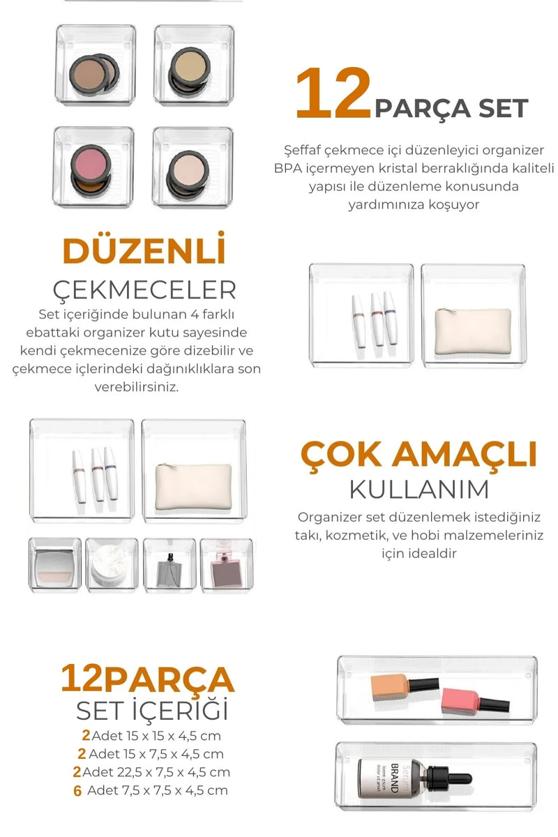 Ayarlanabilir Çekmece İçi Düzenleyici Set 12 Parça Takı Düzenleyici Ve Makyaj Organizeri