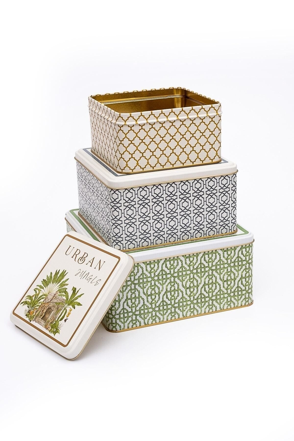 Jungle Desenli 3'lü Kare Metal Saklama Kabı Seti (2,2 Lt + 3,7 Lt + 5,8 Lt)