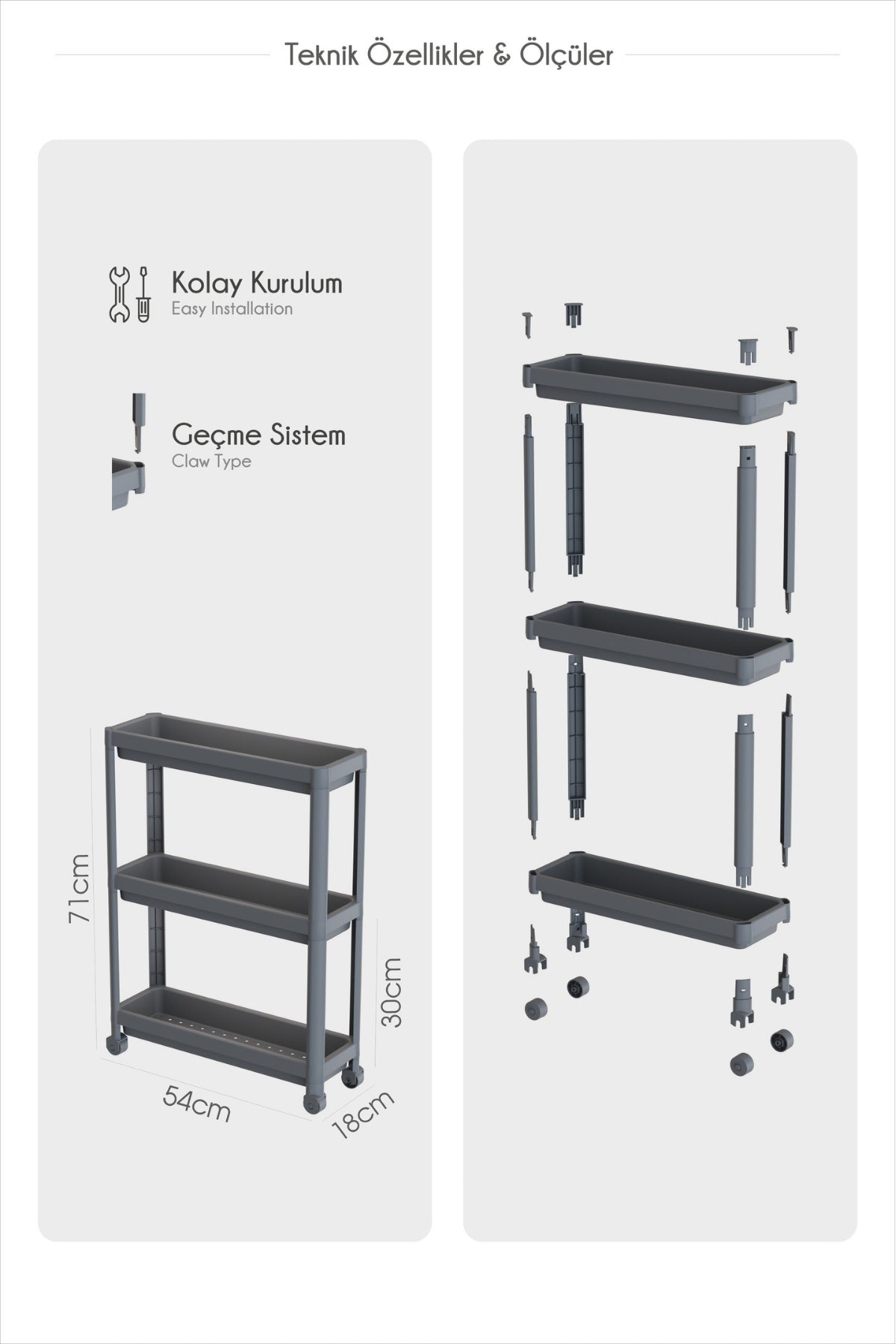 3 Katlı Tekerlekli Slim Raf Ünitesi, Mutfak Rafı, Banyo Rafı